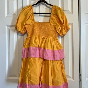 French Connection Yellow and Pink Smocked Mini Dress